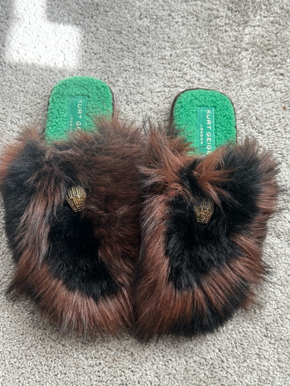 Kurt Geiger Brown & Black Faux Fur Slide Slippers with Green Insole